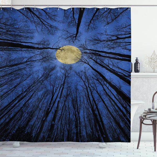 Abakuhaus Tenda Da Doccia Paesaggio, Luna Piena Nei Boschi, Opaca, Incl. 12 Anelli, Resistente A Batteri E Muffe, 175 X 240 Cm, Blu-image