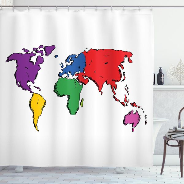 Abakuhaus Tenda Da Doccia Con Mappa Del Mondo, Educativa E Moderna, Resistente Al Sapone, Ai Batteri, Alla Muffa E All'acqua, Incl. 12 Ganci E Colori Resistenti, 175 X 220 Cm, Multicolore-image