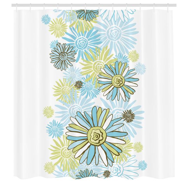 Abakuhaus Tenda Da Doccia Turchese, Fiori Di Camomilla, Fiori Selvatici, Illustrazione Estiva, Tessuto, Set Decorativo Per Bagno Con Ganci, 175X220 Cm, Verde Chiaro, Verde Scuro-image
