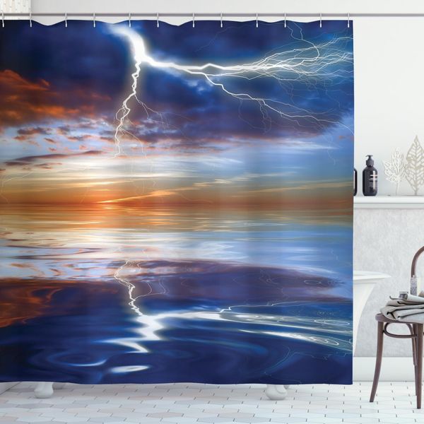 Abakuhaus Tenda Da Doccia Naturale, Tuono Sulla Tempesta Marina, Set Incl. 12 Ganci In Tessuto Impermeabile Resistente A Batteri E Muffe, 175 X 180 Cm, Arancione Blu-image