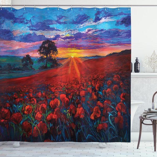 Abakuhaus Tenda Da Doccia Colorata, Giardino Di Papaveri, Acqua Opaca, Incl. 12 Anelli, Resistente A Batteri E Muffe, 175 X 240 Cm, Multicolore-image