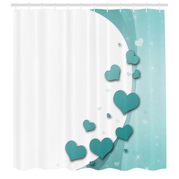 Abakuhaus Tenda Da Doccia Turchese, San Valentino Romantic Art Con Cuori Stelle Matrimonio Felicità Tema, Tessuto Set Decorativo Per Bagno Con Ganci, 175X240 Cm, Turchese Verde Acqua Bianco-image