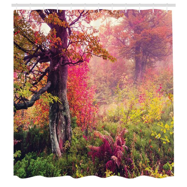 Abakuhaus Tenda Da Doccia Boschiva, Paesaggio Fiabesco Con Alberi Autunnali Nel Giardino Naturale Della Foresta In Ucraina, Set Decorativo Per Bagno In Tessuto Con Ganci, 175X200 Cm, Rosso Verde Marrone-image