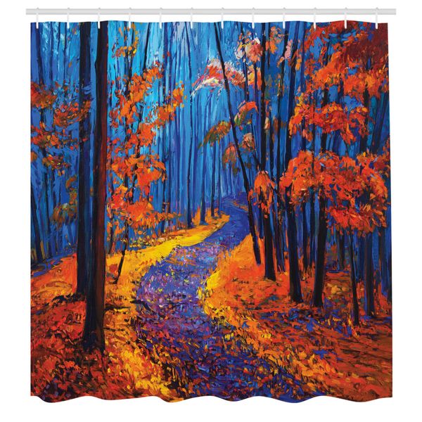 Abakuhaus Tenda Da Doccia Land, Scura E Profonda Nella Foresta In Autunno Autunno Stagione Calma Natura Magica Arte Pittura, Tessuto Set Decorativo Per Bagno Con Ganci, 175X220 Cm, Arancione Blu Navy-image