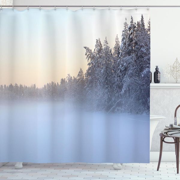 Abakuhaus Tenda Da Doccia Paesaggio, Lago Ghiacciato Nei Boschi, Acqua Opaca Incl. 12 Anelli Resistente A Batteri E Muffe, 175 X 180 Cm, Bianco Verde-image