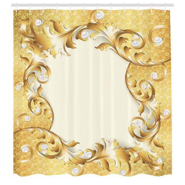 Abakuhaus Pearls Tenda Da Doccia, Illustrazione Di Una Cornice Con Decorazioni E Perle In Stile Barocco Con Motivi Floreali, Tessuto Set Decorativo Per Bagno Con Ganci, 175X220 Cm, Giallo Crema-image