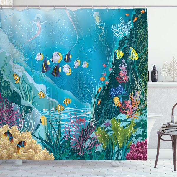 Abakuhaus Tenda Da Doccia Con Motivo Pesci, Shoal Riff Ocean, Opaca, Incl. 12 Anelli, Resistente A Batteri E Muffe, 175 X 200 Cm, Multicolore-image