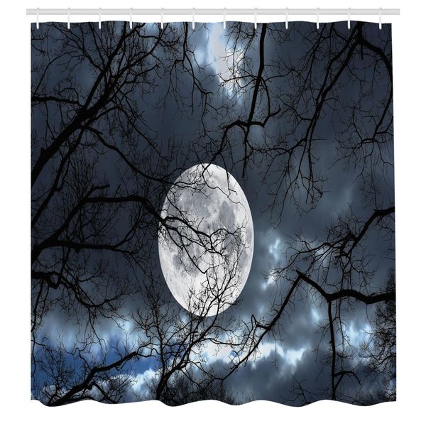 Abakuhaus Tenda Da Doccia Bosco, Luna Piena Nella Notte Nel Bosco Inverno Giorni Mistici Drammatici Foto Lunare, Tessuto Set Decorativo Per Bagno Con Ganci, 175X240 Cm, Nero Blu Giallo-image