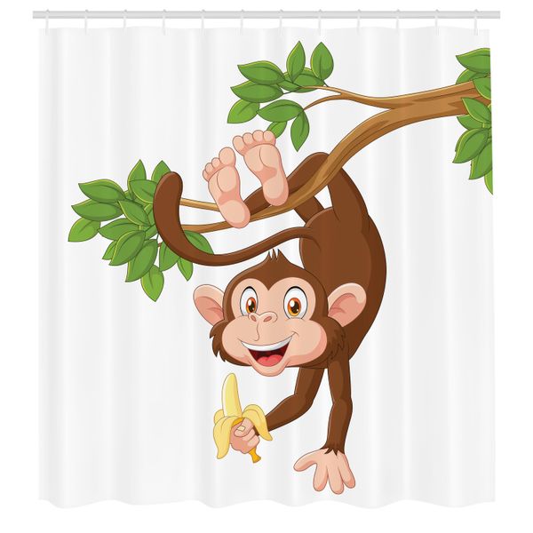 Abakuhaus Tenda Da Doccia Con Caricatura, Scimmia Divertente Appesa All'albero E Banane, Stampa Con Tema Animali Della Giungla, Set Decorativo Per Bagno In Tessuto Con Ganci, 175X220 Cm, Cioccolato Bianco-image