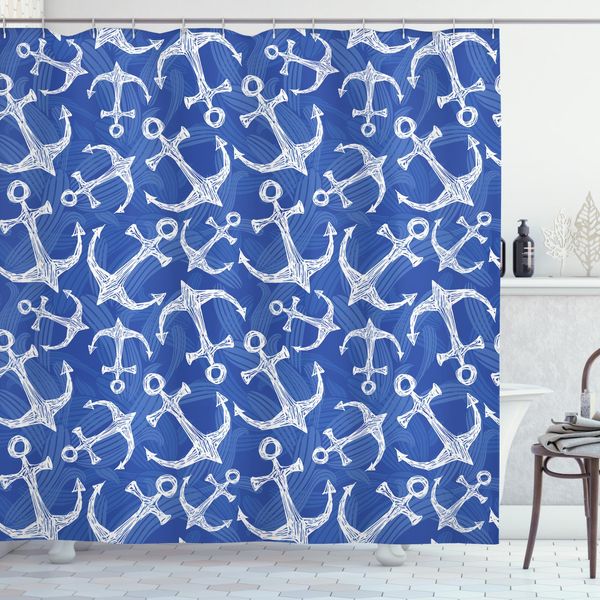 Abakuhaus Tenda Da Doccia Ocean, Marine Life Accessori, Impermeabile, Incl. 12 Anelli, Resistente A Batteri E Muffe, 175 X 200 Cm, Blu Azzurro E Bianco-image