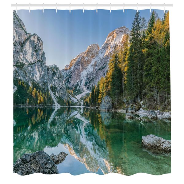 Abakuhaus Tenda Da Doccia Naturale, Paesaggio Autunnale Con Alberi Sfumati E Montagne Riflesso Puro Nell'acqua Foto Da Sogno, Tessuto Set Decorativo Per Bagno Con Ganci, 175X240 Cm, Verde Grigio-image