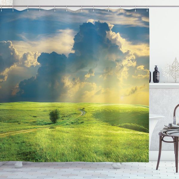 Abakuhaus Tenda Da Doccia Paesaggistica, Estate Primavera Rurale, Opaca, Incl. 12 Anelli, Resistente A Batteri E Muffe, 175 X 200 Cm, Blu Verde-image
