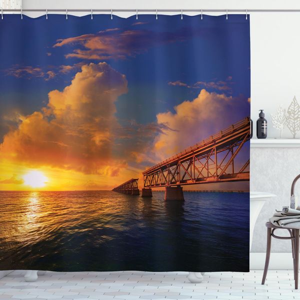 Abakuhaus Tenda Da Doccia Naturale, Paesaggio Romantico Oceano, Opaca, Incl. 12 Anelli, Resistente A Batteri E Muffe, 175 X 240 Cm, Arancione Blu-image