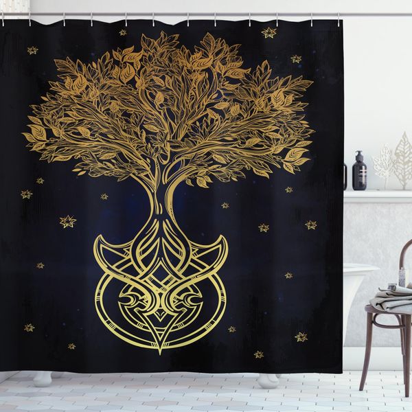 Abakuhaus Tenda Da Doccia Stammes, Nachtstern Astratto, Acqua Opaca Incl. 12 Anelli Lunga Durata Resistente A Batteri E Muffe, 175 X 200 Cm, Blu Scuro Giallo-image