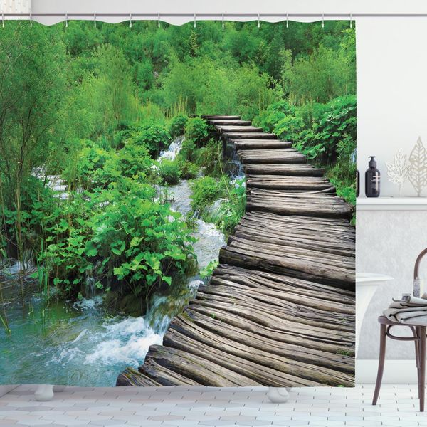 Abakuhaus Tenda Da Doccia Naturale, Croazia Cascade Giardino, Acqua Opaca Incl. 12 Anelli Lunga Durata Resistente A Batteri E Muffe, 175 X 200 Cm, Marrone Verde-image