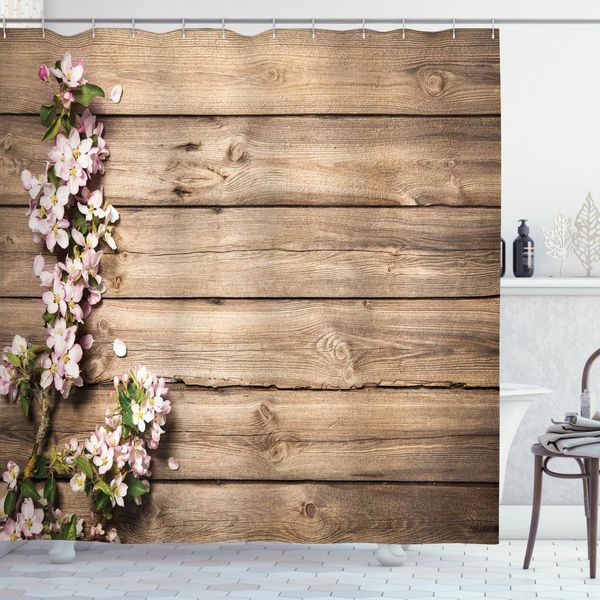 Abakuhaus Tenda Da Doccia In Legno, Blooming Orchard Primavera, Impermeabile, Inclusi 12 Anelli, Resistente A Batteri E Muffe, 175 X 240 Cm, Marrone Verde Rosa-image