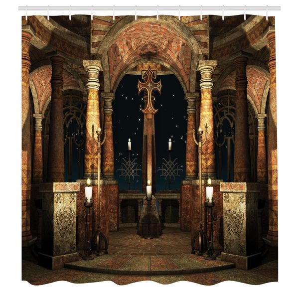 Abakuhaus Tenda Da Doccia Gotica, Sala Antica Mistica Scura Con Colonne, Croce, Duomo, Santuario, Stampa, Tessuto, Set Decorativo Per Bagno Con Ganci, 175X240 Cm, Avorio, Marrone, Nero-image