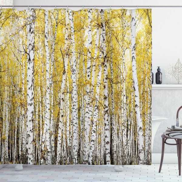 Abakuhaus Tenda Da Doccia Autunnale, Foglie Dorate Del Bosco, Acqua Opaca Incl. 12 Anelli Resistente A Batteri E Muffe, 175 X 200 Cm, Giallo E Grigio-image