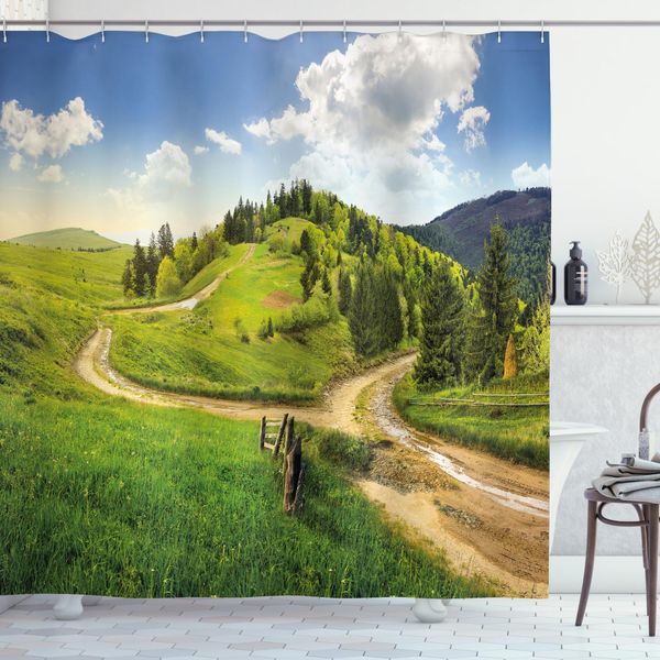 Abakuhaus Tenda Da Doccia Paesaggistica, Hillside Meadow Trees, Resistente A Batteri E Muffe, Incl. 12 Ganci Lavabile Elegante Stampa Digitale, 175 X 220 Cm, Verde-Blu-image