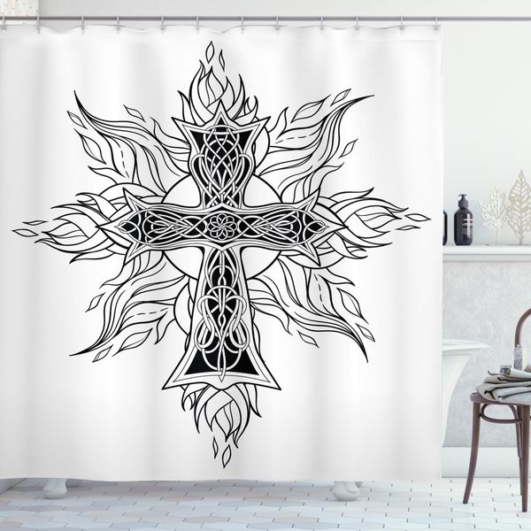 Abakuhaus Tenda Da Doccia Celtica, Croce Gotica Fiammeggiante, Resistente A Batteri E Muffe, Incl. 12 Ganci Lavabile Elegante Stampa Digitale, 175 X 180 Cm, Bianco E Nero-image