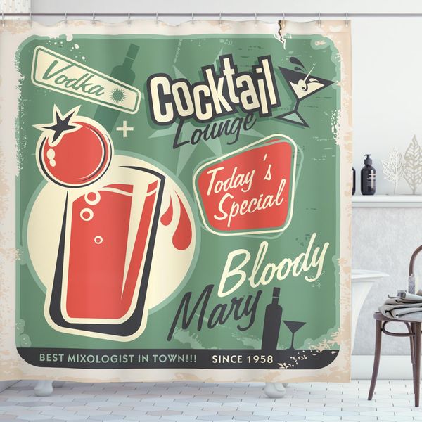 Abakuhaus Tenda Da Doccia Retrò, Poster Nostalgico, Impermeabile, Incl. 12 Anelli, Resistente A Batteri E Muffe, 175 X 200 Cm, Verde Rosso-image