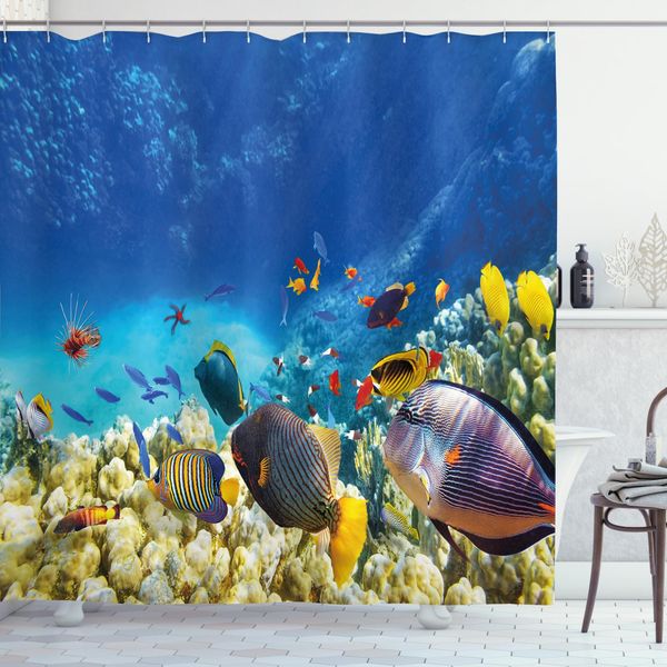 Abakuhaus Tenda Da Doccia Con Motivo Pesci, Animali Marini, Acqua, Opaca, Incl. 12 Anelli, Resistente A Batteri E Muffe, 175 X 240 Cm, Multicolore-image