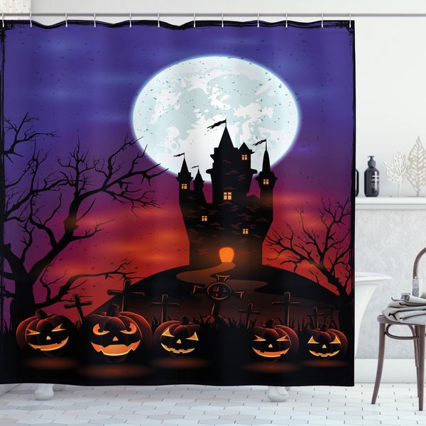 Abakuhaus Tenda Da Doccia Halloween, Castello Infestato, In Tessuto, Incl. 12 Ganci, Stampa Digitale, Colori Resistenti, Durevole, Resistente Ai Batteri, 175 X 180 Cm, Multicolore-image