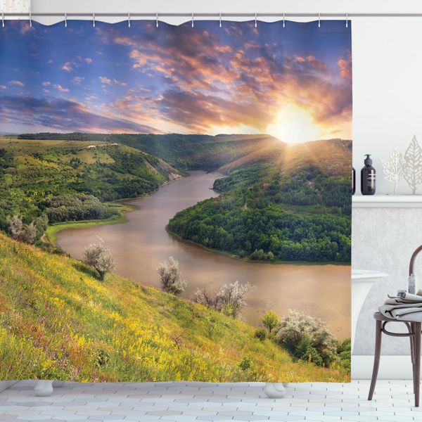 Abakuhaus Tenda Da Doccia Naturale, Rising Sun Fiume Tranquillo, Acqua Opaca Incl. 12 Anelli Resistente A Batteri E Muffe, 175 X 240 Cm, Multicolore-image