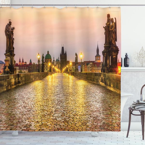 Abakuhaus Tenda Da Doccia Con Vista Sulla Città, Centro Storico Di Praga, Impermeabile, Inclusi 12 Anelli, Resistente A Batteri E Muffe, 175 X 200 Cm, Giallo Marrone-image