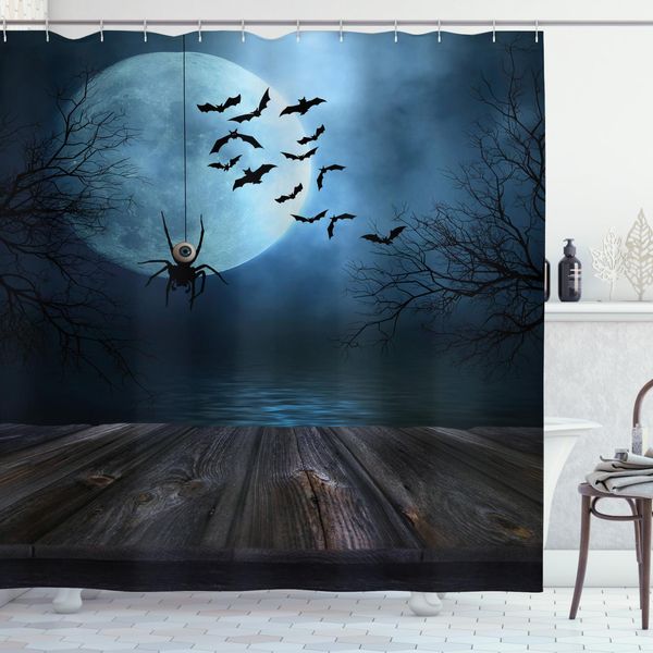 Abakuhaus Tenda Da Doccia Horror, Lake Scene Bat, Stampa Digitale Moderna Con 12 Ganci Su Tessuto Resistente All'acqua E Ai Batteri, 175 X 180 Cm, Blu Marrone-image