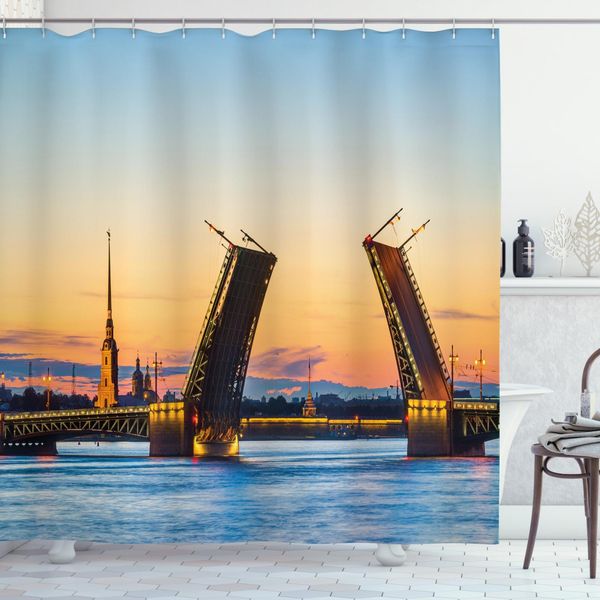 Abakuhaus Tenda Da Doccia Da Viaggio, Ponte Seascape Tramonto, Acqua Opaca Incl. 12 Anelli Lunga Durata Resistente A Batteri E Muffe, 175 X 240 Cm, Arancione Blu-image