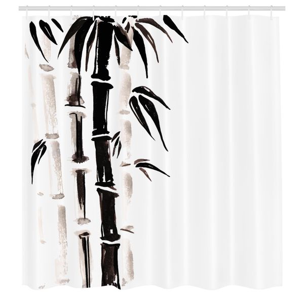 Abakuhaus Tenda Da Doccia In Bambù, Motivo Bambù In Stile Tradizionale Cinese Acquerello, Tessuto, Set Decorativo Per Bagno Con Ganci, 175X200 Cm, Nero Crema-image
