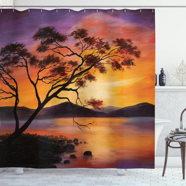 Abakuhaus Tenda Da Doccia Paesaggistica, River Mountain Sunset, Opaca, Incl. 12 Anelli, Resistente A Batteri E Muffe, 175 X 240 Cm, Arancione Bruciato E Viola-image