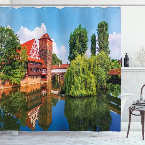 Abakuhaus Tenda Da Doccia Rustica, Summer View German Town, Impermeabile, Incl. 12 Anelli, Resistente A Batteri E Muffe, 175 X 200 Cm, Arancione Verde Blu-image