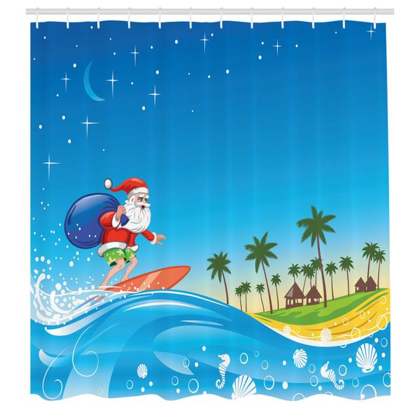 Abakuhaus Tenda Da Doccia Natalizia, Babbo Natale Che Surfa Su Un'onda Con Un Sacco Su Un Cartone Animato Tropicale Fantastico Di Una Notte Tropicale Sulla Spiaggia, Set Di Decorazioni Per Il Bagno In Tessuto Con Ganci, 175X220 Cm, Multicolore-image