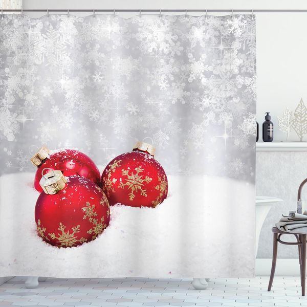 Abakuhaus Tenda Da Doccia Natalizia, Palline Su Fiocchi Di Neve, Stampa Digitale Moderna Con 12 Ganci Su Tessuto Resistente All'acqua E Ai Batteri, 175 X 220 Cm, Rosso-Bianco-image