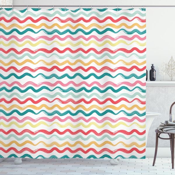 Abakuhaus Tenda Da Doccia A Righe, Linee Ondulate Boho, Ruvida, In Tessuto, Incl. 12 Ganci, Stampa Digitale, Colori Resistenti, Durevole, Resistente Ai Batteri, 175 X 180 Cm, Multicolore-image
