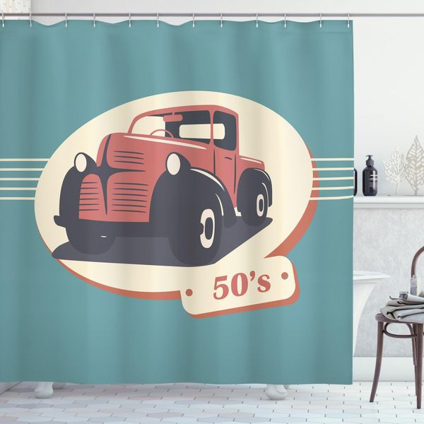 Abakuhaus Tenda Da Doccia Retrò, Veicolo Antico Nostalgico, Impermeabile, Incl. 12 Anelli, Resistente A Batteri E Muffe, 175 X 200 Cm, Giallo Verde Acqua Rosso-image