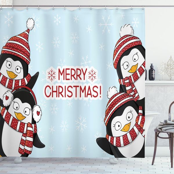 Abakuhaus Tenda Da Doccia Natalizia, Penguins Bambini, Impermeabile, Incl. 12 Anelli, Resistente A Batteri E Muffe, 175 X 240 Cm, Blu Rosso-image