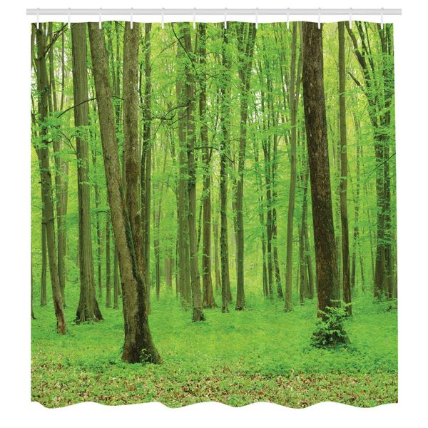 Abakuhaus Tenda Da Doccia Bosco, Bosco Primaverile In Una Giornata Di Sole Colori Freschi E Tenui Come Una Stampa Da Sogno, Tessuto Set Decorativo Per Bagno Con Ganci, 175X220 Cm, Verde Marrone-image