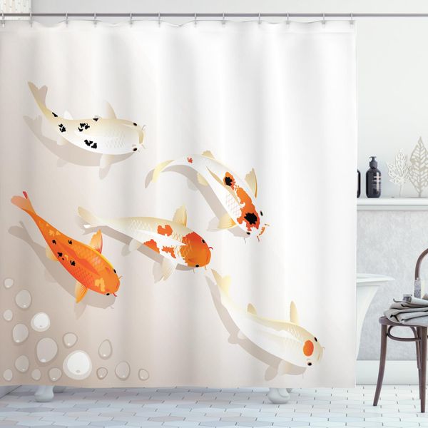 Abakuhaus Tenda Da Doccia Con Motivo A Pesci, Koi Shoal Animale Cinese, Acqua Opaca Incl. 12 Anelli Resistente A Batteri E Muffe, 175 X 200 Cm, Arancione Bianco-image