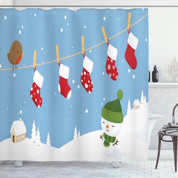 Abakuhaus Tenda Da Doccia Natalizia, Jolly Snowman Christmas, Impermeabile, Incl. 12 Anelli, Resistente A Batteri E Muffe, 175 X 200 Cm, Bianco E Blu-image