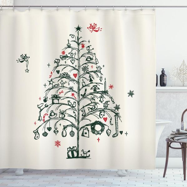 Abakuhaus Tenda Da Doccia Natalizia, Albero E Fate, Stampa Digitale Su Tessuto, Incl. 12 Ganci, Resistente Al Lavaggio, Resistente Ai Batteri, 175 X 180 Cm, Rosso E Verde-image