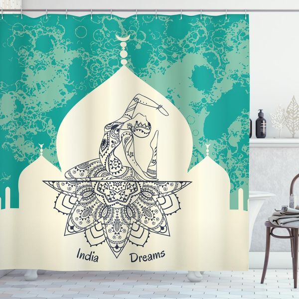Abakuhaus Tenda Da Doccia Teal, Mandala Yoga Mistico, Impermeabile, Incl. 12 Anelli, Resistente A Batteri E Muffe, 175 X 220 Cm, Beige Blu-image