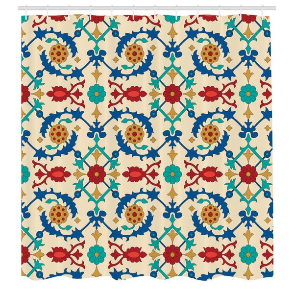 Abakuhaus Tenda Da Doccia Marocchina, Motivi Artistici Orientali Nostalgici, Decorazioni Floreali Di Ispirazione Barocca, Set Decorativo Per Bagno In Tessuto Etnico Con Ganci, 175X220 Cm, Multicolore-image