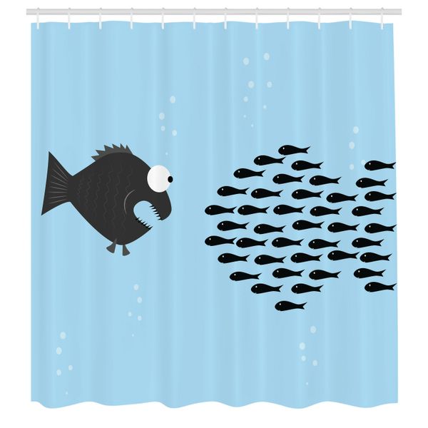 Abakuhaus Tenda Da Doccia Con Motivo A Pesci, Piccoli Pesci Uniti Per Combattere Con Grandi Pesci A Tema Acquatico - Animali Selvatici Nell'oceano, Set Decorativo Per Bagno In Tessuto Con Ganci, 175X240 Cm, Blu E Nero-image