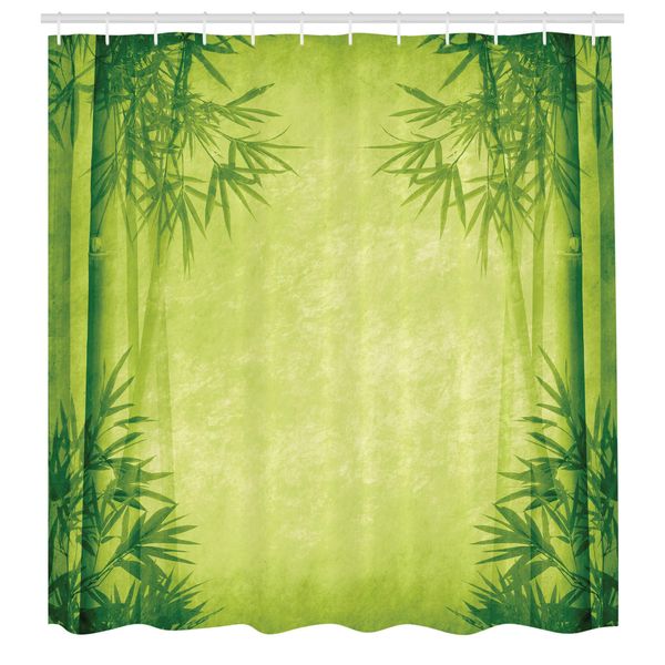 Abakuhaus Tenda Da Doccia In Bambù, Disegno Con Alberi Di Bambù, Stile Asiatico Fengshui, Immagine Di Una Vita Semplice E Organizzata, Tessuto, Set Decorativo Per Bagno Con Ganci, 175X200 Cm, Verde-image