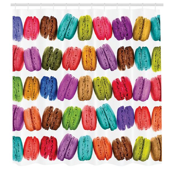 Abakuhaus Tenda Da Doccia Colorata, Macarons Francesi In Fila, Biscotti Da Caffetteria, Aromi, Pasticceria, Panetteria, Cibo, Design, Tessuto, Set Decorativo Per Bagno Con Ganci, 175X240 Cm, Multicolore-image