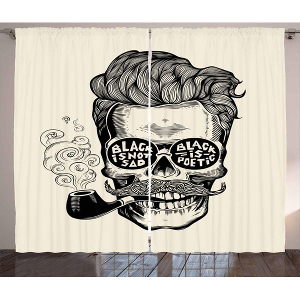 Abakuhaus Tenda Rustica Indie, Teschi Con Occhiali Tubolari, Tende Universali Per Soggiorno Con Passanti E Ganci, 280 X 175 Cm, Nero Crema-image