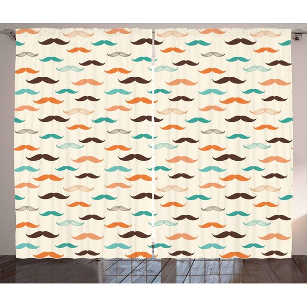 Abakuhaus Tenda Rustica Indie, Motivo Baffi Retrò, Tende Universali Per Soggiorno Con Passanti E Ganci, 280 X 175 Cm, Verde Acqua Arancione Marrone-image